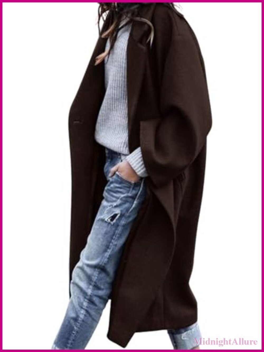 Wool Blend Notched Collar Double-Breasted Midi Trench Coat Women Oversized Long